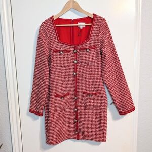 Sugarlips Red Bouclé Tweed Dress Pearl Button Metallic Thread 3/4 Sleeve